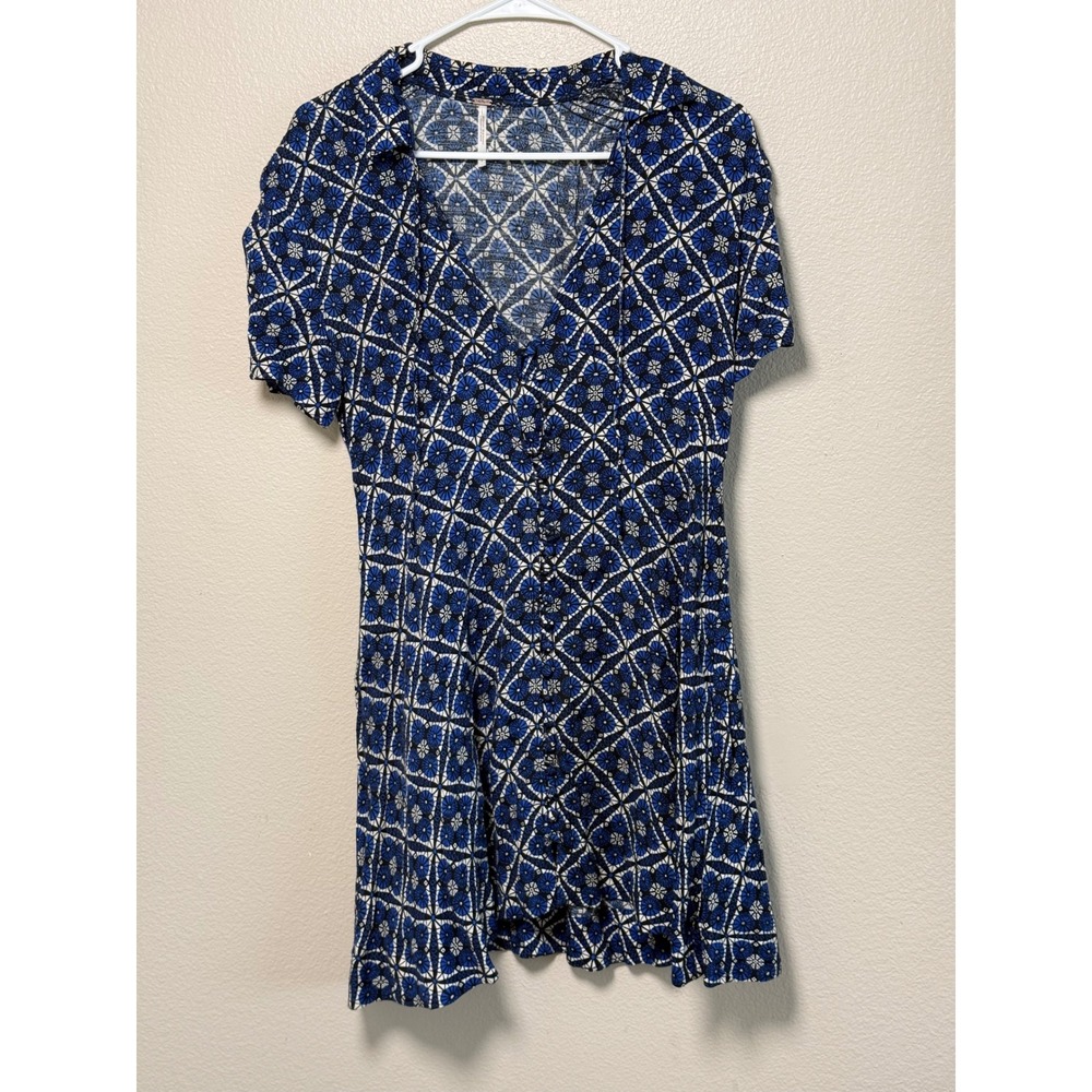 Free People Blue White Geometric Tile Print Button Front Mini Dress Size 2